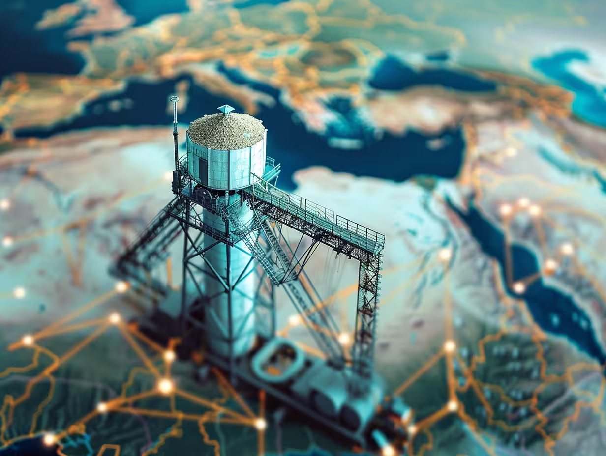 A sack of wheat with wheat ears spilling out, framed by a yellow square border.